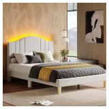 Beige Wood Frame Bed with LED Headboard