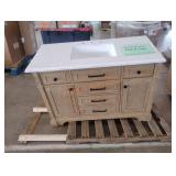 48" vanity white marble top tan bottom 8 drawers