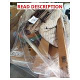 Picnic items: table, umbrella, rugs, chair, light