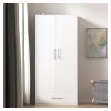 White Wood Armoire: 31.5"W, Rod & Drawers