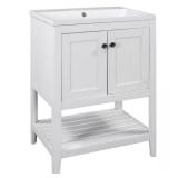 White modern vanity with ceramic sink top