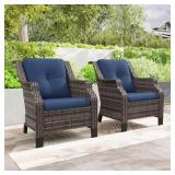 Wicker Patio Lounge Chair with Blue Cushions