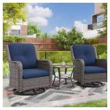 Wicker Swivel Chairs Set with Blue Cushions