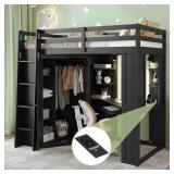 Black Twin Wood Loft Bed with Wardrobe, Desk (box