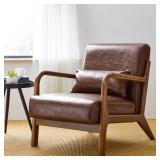Brown Leatherette Armchair, Walnut Frame