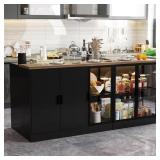Brown Wood 77.6 in. Kitchen Island with LED