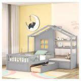 Gray Twin Wood House Bed with Sofa
