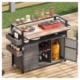 Gray Wicker Outdoor Grill Cart with Table Top