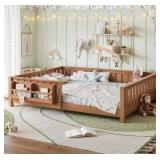 Dark Natural Queen Size Pine Wood Low Platform Be