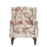 Retro Floral Linen Arm Chair with Wood Legs