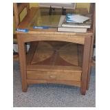 Wooden Side Table with Glass Top and Drawer