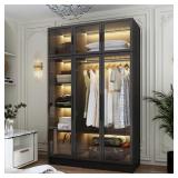 Black Wood Glass Doors Wardrobe with LED