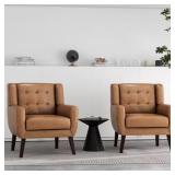 Mid-Century Brown PU Leather Armchairs (2)