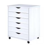 White 6-Drawer Solid Wood Wide Roll Cart