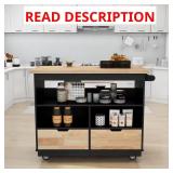 Black Kitchen Cart with Wood Top & 2 Drawers