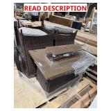 Brown wicker patio chairs set with gas fireplace