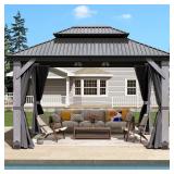 Wood Gazebo 10x12FT with Steel Roof & Netting