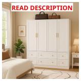 White Wood 63" W 4-Door Wardrobe with Drawers