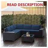 Wicker Outdoor Sectional with Navy Cushions **MAY