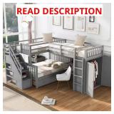 L-Shaped Gray Twin-Twin Bed with Storage