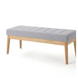 Button-Tufted Gray Bench with Birch Legs