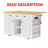 White Wood Top 53" Kitchen Island with Wheels