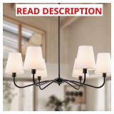 6-Light Black Chandelier, White Fabric Shades