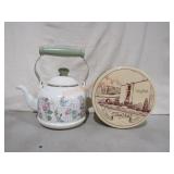 Tea Kettle And Advertising Tin, Wood Mode;