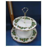 two-tiered serving tray Yuletide pattern
