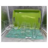 MISC WINE GLASSES & GLASSES & GREEN TRAY