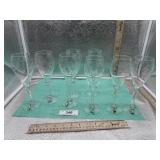 8) ETCHED WINE GLASSES & 6) GLASS CHARMS