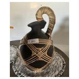 BLACK CERAMIC JUG-INSPIRED VASE  W/RATTAN-