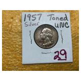 1957 TONED UNC SILVER QUARTER