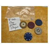 5) OLD CLAY POKER CHIPS