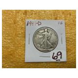 1941-D WALKING LIBERTY HALF DOLLAR, VG