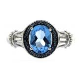 Oval 2.00 ct Genuine Blue Topaz-Black Diamond Ring