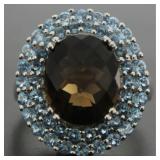 Oval 7.84 ct Natural Smoky & Blue Topaz Ring