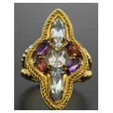 Natural Blue Topaz-Garnet & Amethyst Marquise Ring