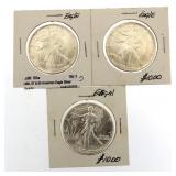 1986, 87 & 90 American Eagle Silver Dollars