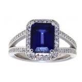 14kt Gold Step Cut 4.24 ct Sapphire & Diamond Ring