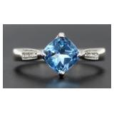 Princess Cut Natural Blue Topaz & Diamond Ring