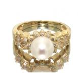 14kt Gold Natural 7.7 mm Pearl & Diamond Ring
