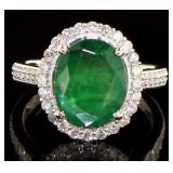 14K Gold Oval 3.25 ct Emerald & Diamond Ring