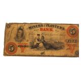 1860 Miners & Planters Bank NC $5.00 Large Note