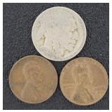 1913-D Type 1 Buffalo Nickel & (2) 1956-D Cents
