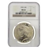 1923 Philadelphia MS63 Peace Silver Dollar