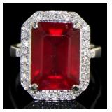 14kt Gold 12.25 ct Em. Cut Ruby & Diamond Ring