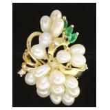 14kt Gold Large Pearl-Emerald & Diamond Ring