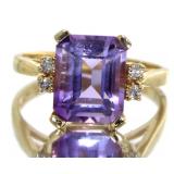 10k Gold Step Cut 3.68 ct Amethyst & Diamond Ring