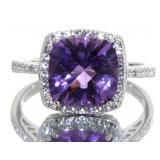 Cushion Cut 4.10 ct Natural Amethyst-Zircon Ring